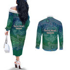 Torres Strait Islands Couples Matching Off The Shoulder Long Sleeve Dress and Long Sleeve Button Shirt Shark Indigenous Australian Tribal Dot Art