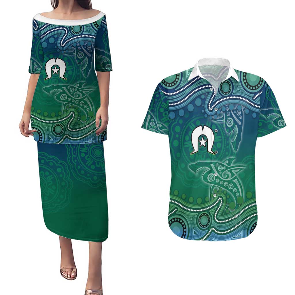 Torres Strait Islands Couples Matching Puletasi and Hawaiian Shirt Shark Indigenous Australian Tribal Dot Art