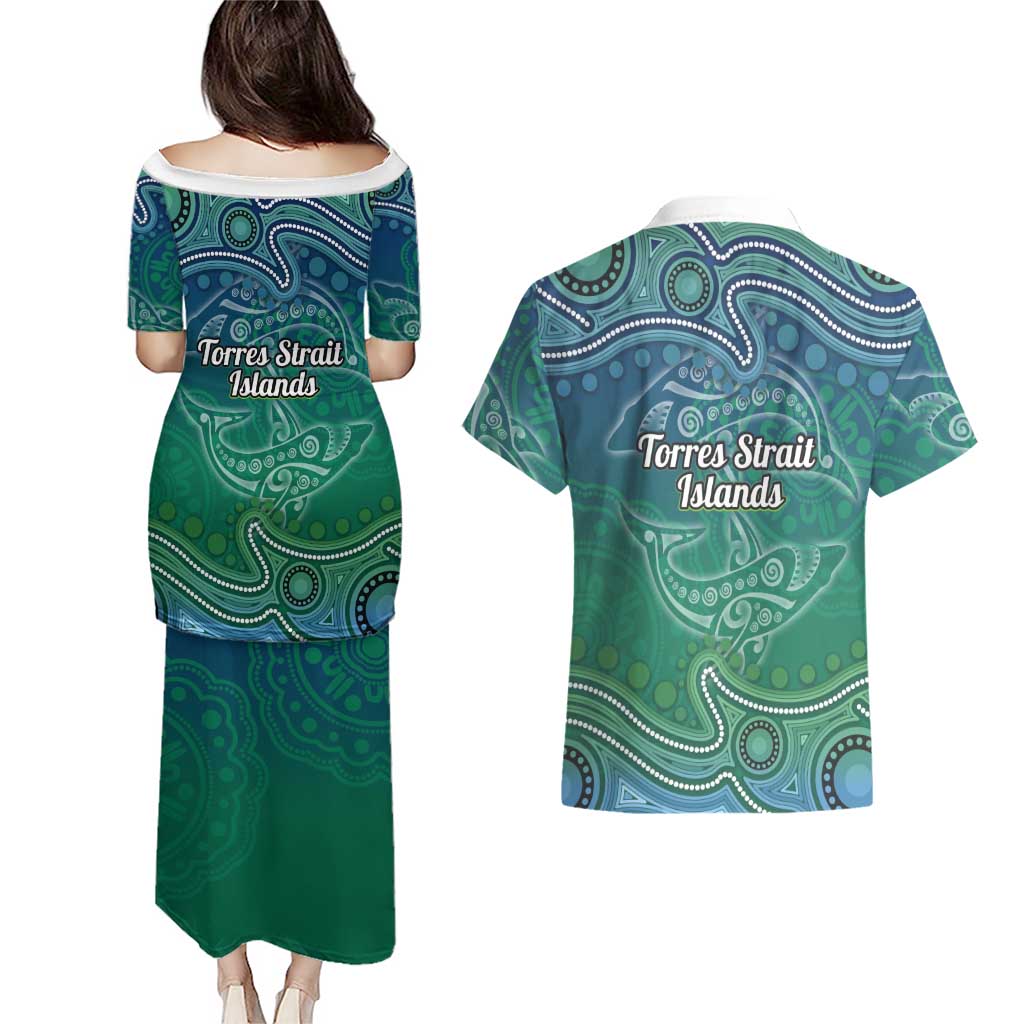 Torres Strait Islands Couples Matching Puletasi and Hawaiian Shirt Shark Indigenous Australian Tribal Dot Art