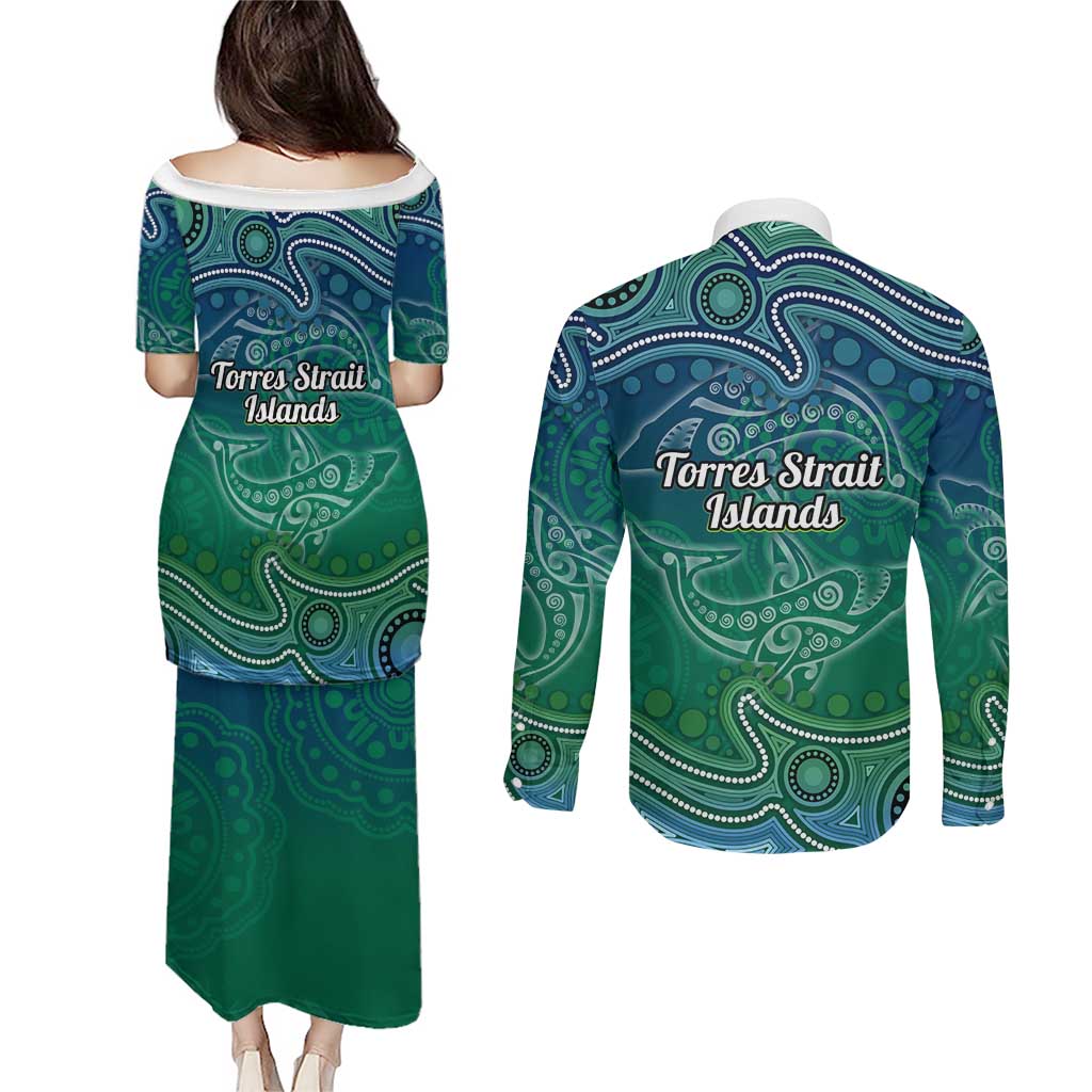 Torres Strait Islands Couples Matching Puletasi and Long Sleeve Button Shirt Shark Indigenous Australian Tribal Dot Art
