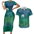 Torres Strait Islands Couples Matching Short Sleeve Bodycon Dress and Hawaiian Shirt Shark Indigenous Australian Tribal Dot Art