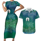 Torres Strait Islands Couples Matching Short Sleeve Bodycon Dress and Hawaiian Shirt Shark Indigenous Australian Tribal Dot Art