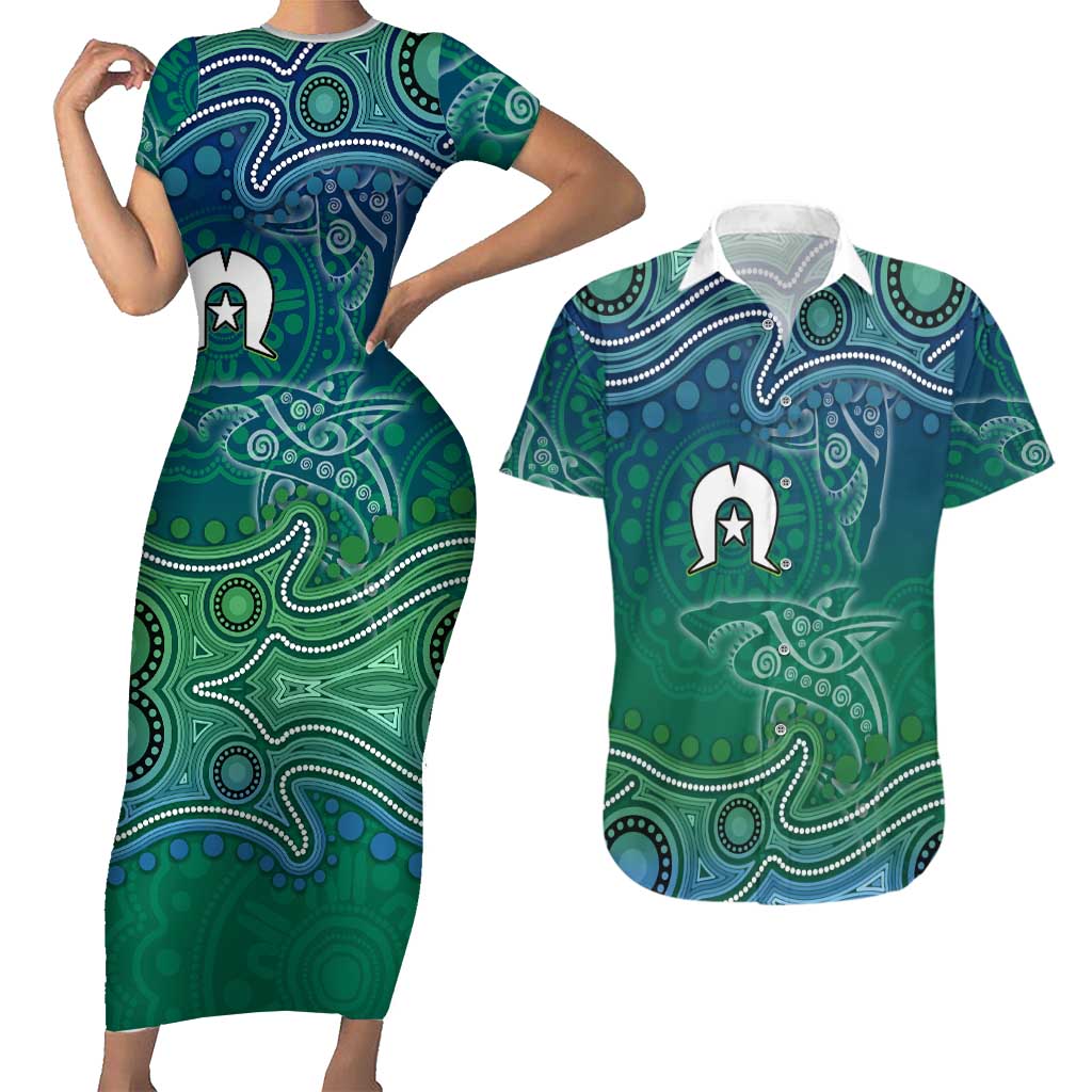 Torres Strait Islands Couples Matching Short Sleeve Bodycon Dress and Hawaiian Shirt Shark Indigenous Australian Tribal Dot Art