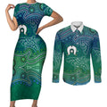 Torres Strait Islands Couples Matching Short Sleeve Bodycon Dress and Long Sleeve Button Shirt Shark Indigenous Australian Tribal Dot Art