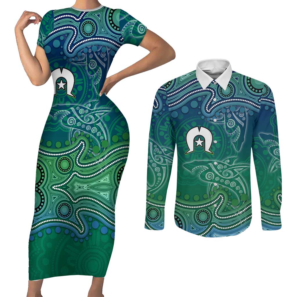 Torres Strait Islands Couples Matching Short Sleeve Bodycon Dress and Long Sleeve Button Shirt Shark Indigenous Australian Tribal Dot Art
