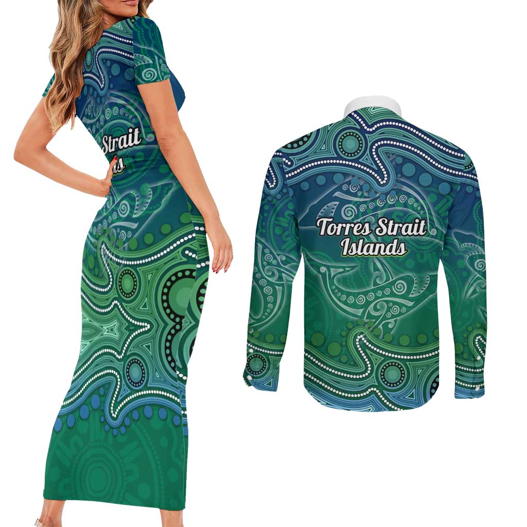 Torres Strait Islands Couples Matching Short Sleeve Bodycon Dress and Long Sleeve Button Shirt Shark Indigenous Australian Tribal Dot Art