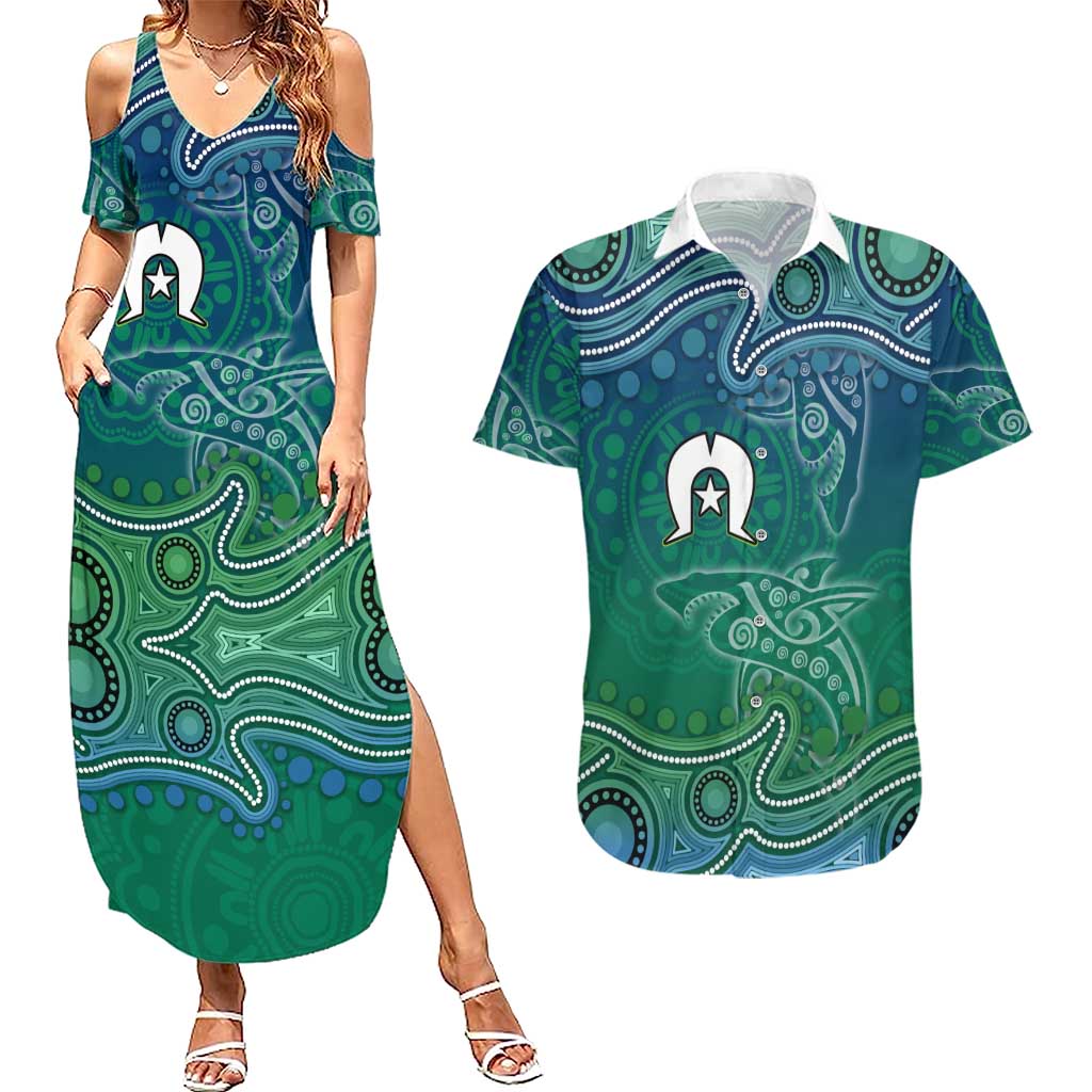 Torres Strait Islands Couples Matching Summer Maxi Dress and Hawaiian Shirt Shark Indigenous Australian Tribal Dot Art