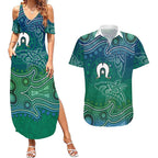 Torres Strait Islands Couples Matching Summer Maxi Dress and Hawaiian Shirt Shark Indigenous Australian Tribal Dot Art