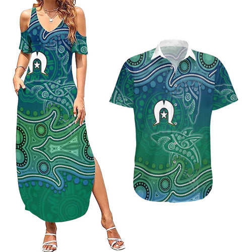 Torres Strait Islands Couples Matching Summer Maxi Dress and Hawaiian Shirt Shark Indigenous Australian Tribal Dot Art