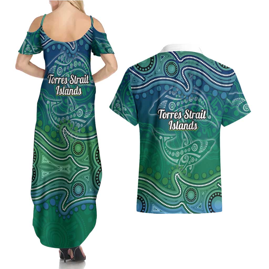 Torres Strait Islands Couples Matching Summer Maxi Dress and Hawaiian Shirt Shark Indigenous Australian Tribal Dot Art