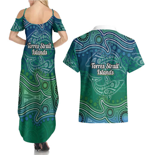 Torres Strait Islands Couples Matching Summer Maxi Dress and Hawaiian Shirt Shark Indigenous Australian Tribal Dot Art