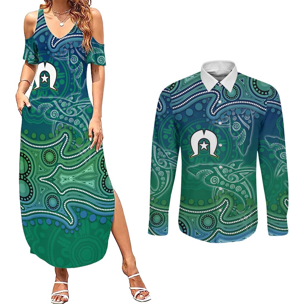 Torres Strait Islands Couples Matching Summer Maxi Dress and Long Sleeve Button Shirt Shark Indigenous Australian Tribal Dot Art
