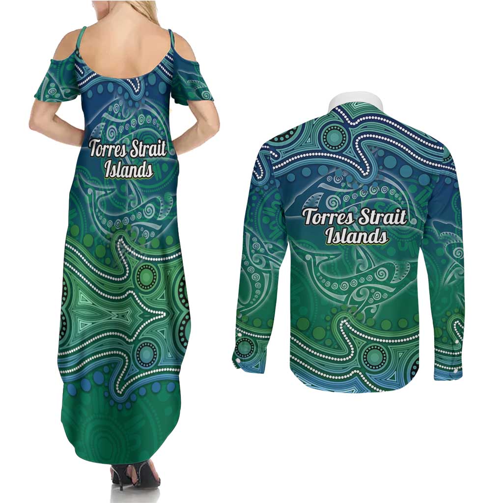 Torres Strait Islands Couples Matching Summer Maxi Dress and Long Sleeve Button Shirt Shark Indigenous Australian Tribal Dot Art