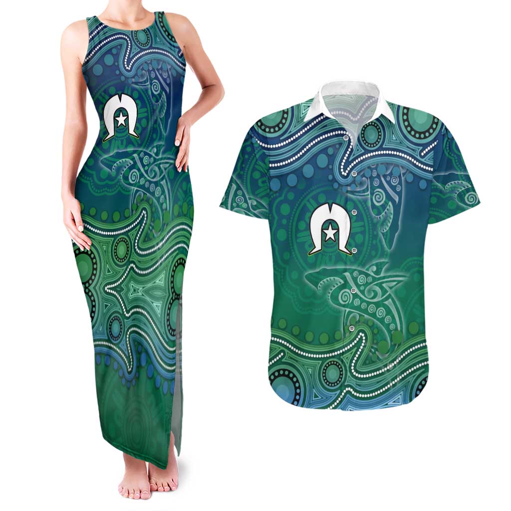 Torres Strait Islands Couples Matching Tank Maxi Dress and Hawaiian Shirt Shark Indigenous Australian Tribal Dot Art