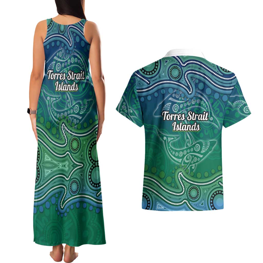 Torres Strait Islands Couples Matching Tank Maxi Dress and Hawaiian Shirt Shark Indigenous Australian Tribal Dot Art