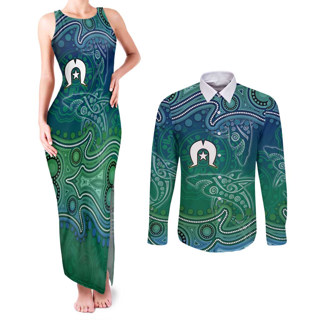 Torres Strait Islands Couples Matching Tank Maxi Dress and Long Sleeve Button Shirt Shark Indigenous Australian Tribal Dot Art
