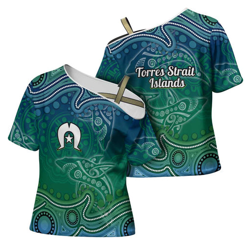 Torres Strait Islands Cross Shoulder Shirt Shark Indigenous Australian Tribal Dot Art
