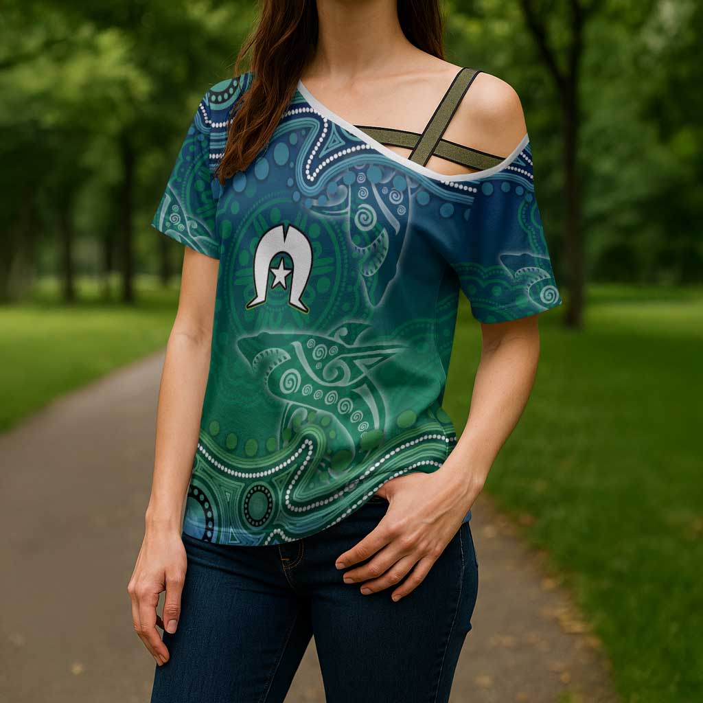 Torres Strait Islands Cross Shoulder Shirt Shark Indigenous Australian Tribal Dot Art