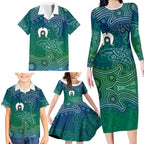 Torres Strait Islands Family Matching Long Sleeve Bodycon Dress and Hawaiian Shirt Shark Indigenous Australian Tribal Dot Art