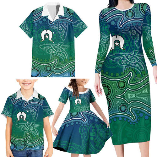 Torres Strait Islands Family Matching Long Sleeve Bodycon Dress and Hawaiian Shirt Shark Indigenous Australian Tribal Dot Art