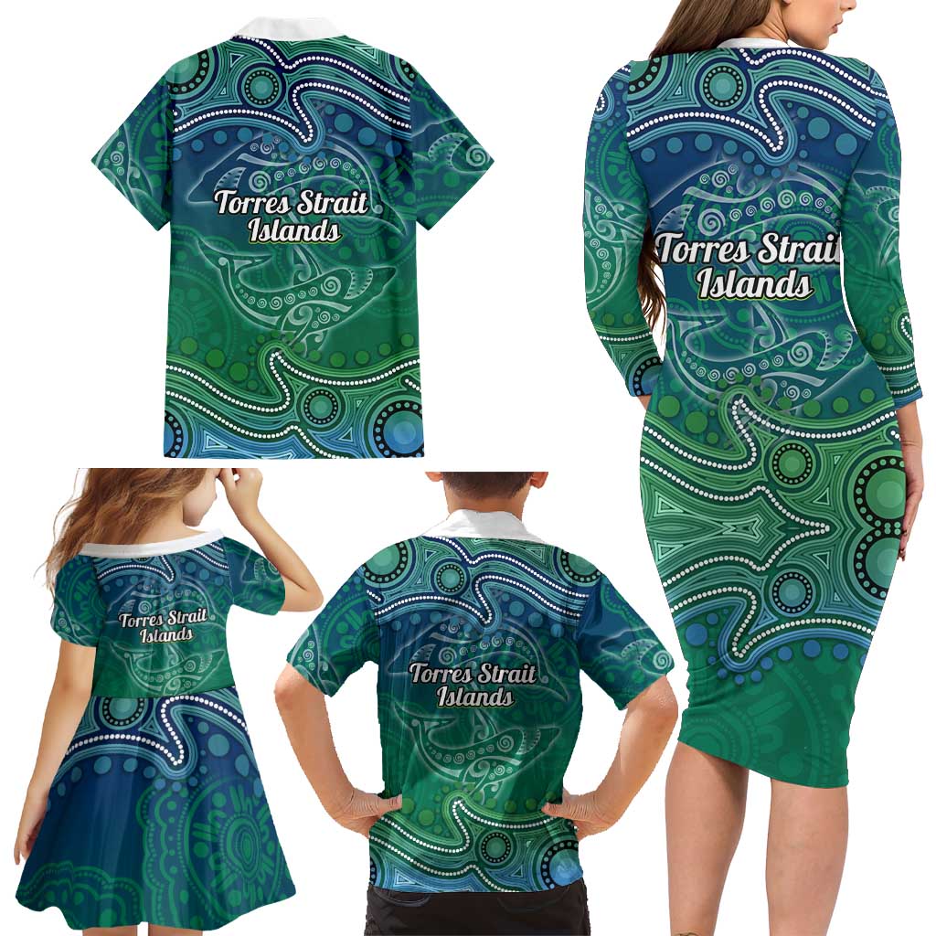 Torres Strait Islands Family Matching Long Sleeve Bodycon Dress and Hawaiian Shirt Shark Indigenous Australian Tribal Dot Art