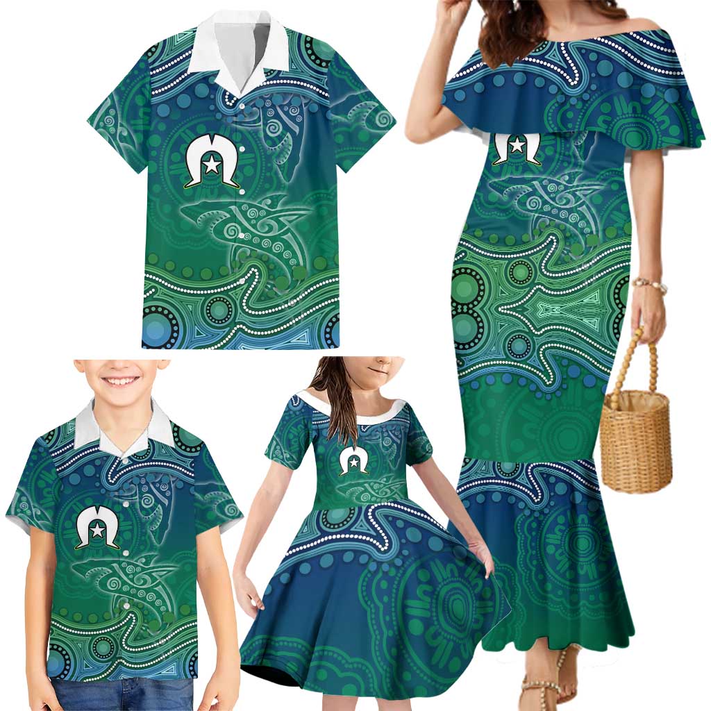 Torres Strait Islands Family Matching Mermaid Dress and Hawaiian Shirt Shark Indigenous Australian Tribal Dot Art