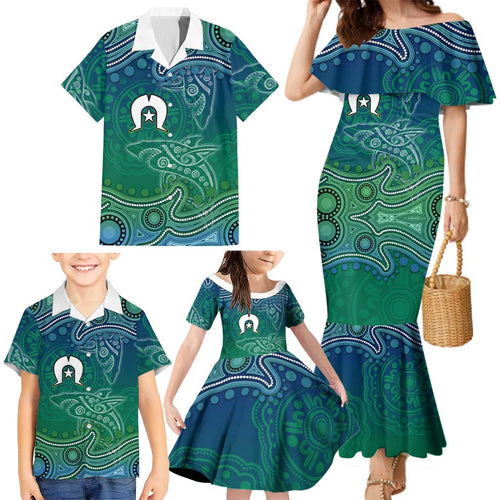 Torres Strait Islands Family Matching Mermaid Dress and Hawaiian Shirt Shark Indigenous Australian Tribal Dot Art