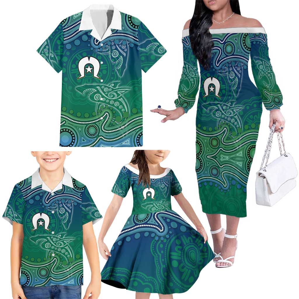 Torres Strait Islands Family Matching Off The Shoulder Long Sleeve Dress and Hawaiian Shirt Shark Indigenous Australian Tribal Dot Art