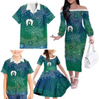 Torres Strait Islands Family Matching Off The Shoulder Long Sleeve Dress and Hawaiian Shirt Shark Indigenous Australian Tribal Dot Art