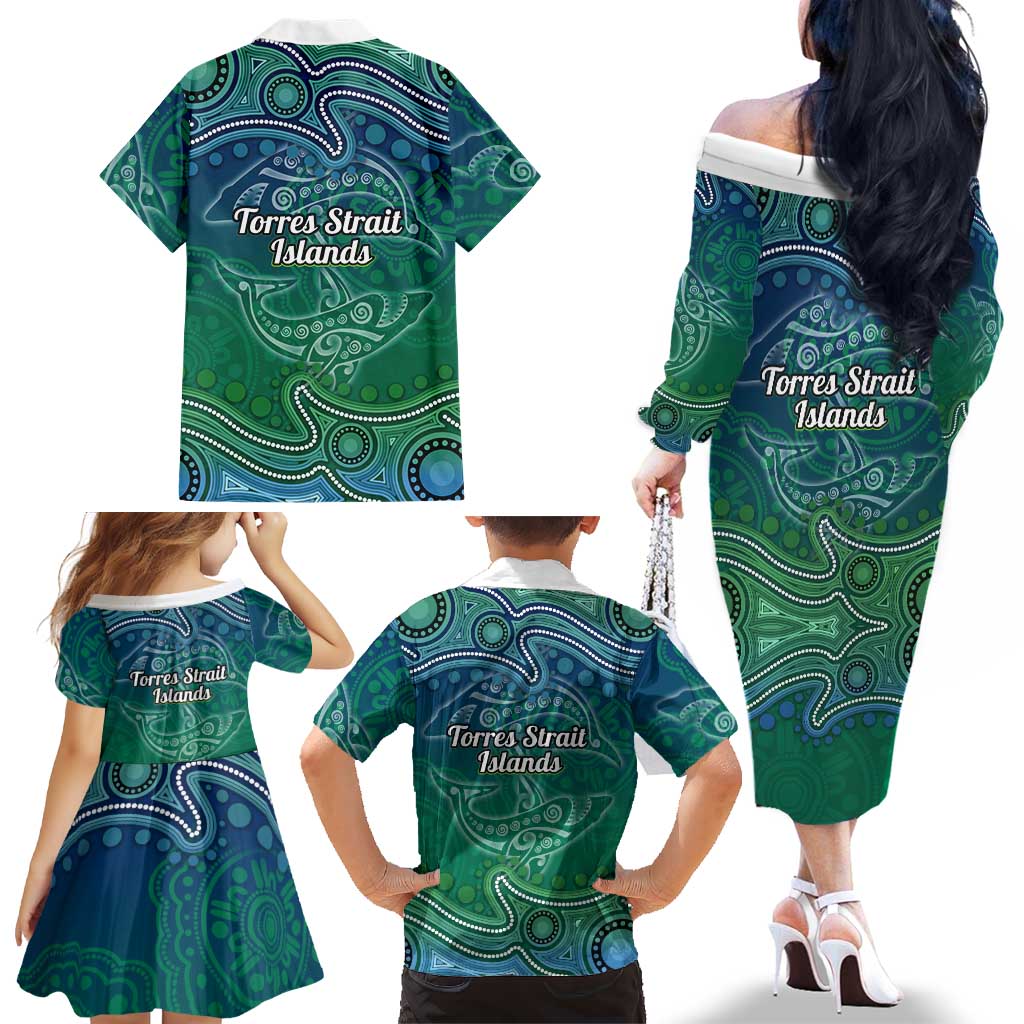 Torres Strait Islands Family Matching Off The Shoulder Long Sleeve Dress and Hawaiian Shirt Shark Indigenous Australian Tribal Dot Art