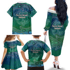 Torres Strait Islands Family Matching Off The Shoulder Long Sleeve Dress and Hawaiian Shirt Shark Indigenous Australian Tribal Dot Art