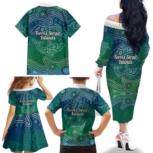 Torres Strait Islands Family Matching Off The Shoulder Long Sleeve Dress and Hawaiian Shirt Shark Indigenous Australian Tribal Dot Art
