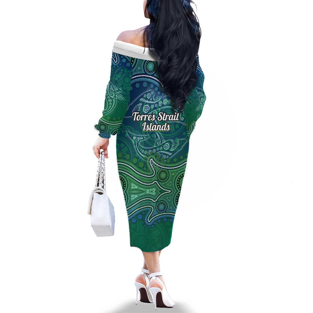 Torres Strait Islands Family Matching Off The Shoulder Long Sleeve Dress and Hawaiian Shirt Shark Indigenous Australian Tribal Dot Art