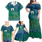 Torres Strait Islands Family Matching Off Shoulder Maxi Dress and Hawaiian Shirt Shark Indigenous Australian Tribal Dot Art