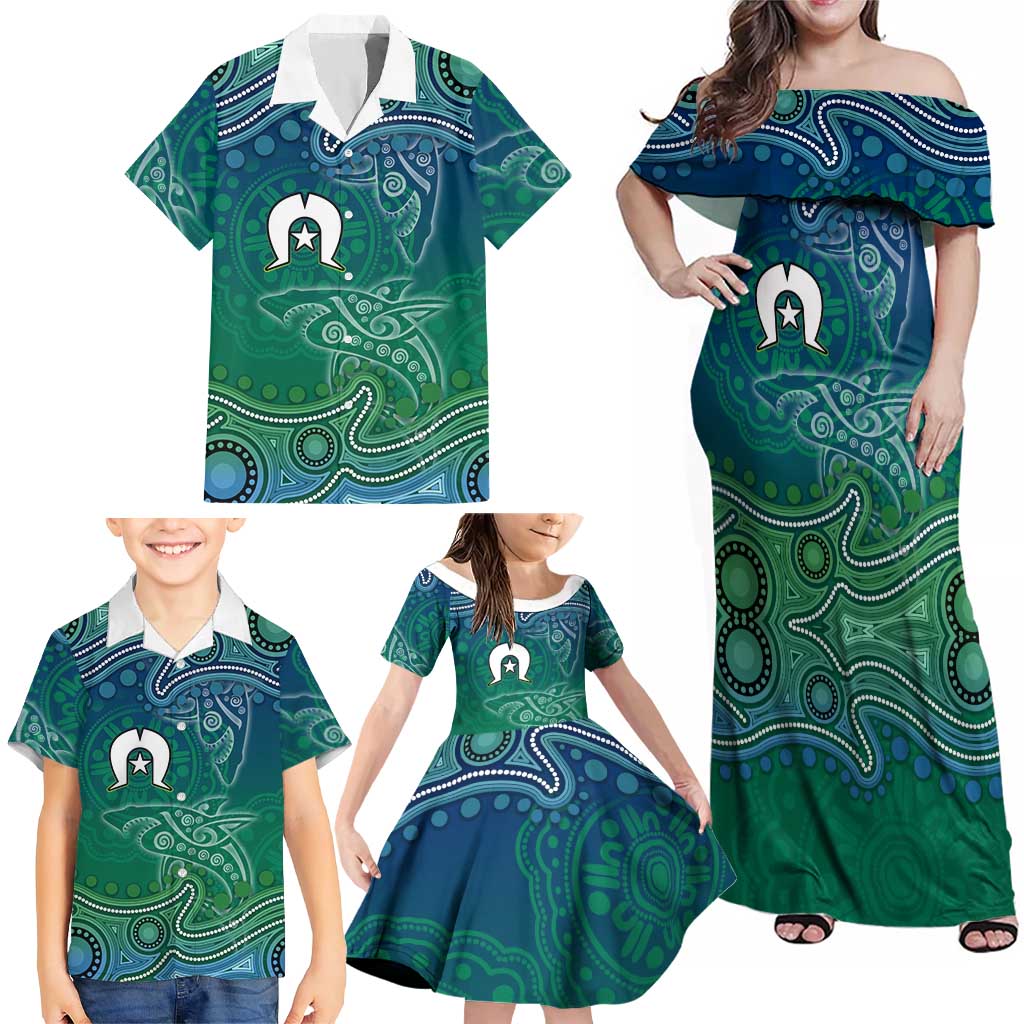 Torres Strait Islands Family Matching Off Shoulder Maxi Dress and Hawaiian Shirt Shark Indigenous Australian Tribal Dot Art