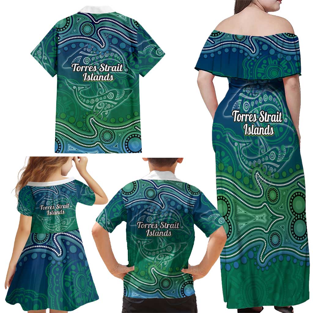 Torres Strait Islands Family Matching Off Shoulder Maxi Dress and Hawaiian Shirt Shark Indigenous Australian Tribal Dot Art