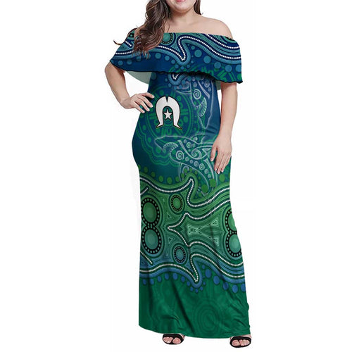 Torres Strait Islands Family Matching Off Shoulder Maxi Dress and Hawaiian Shirt Shark Indigenous Australian Tribal Dot Art