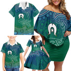 Torres Strait Islands Family Matching Off Shoulder Short Dress and Hawaiian Shirt Shark Indigenous Australian Tribal Dot Art