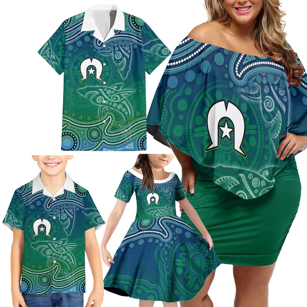 Torres Strait Islands Family Matching Off Shoulder Short Dress and Hawaiian Shirt Shark Indigenous Australian Tribal Dot Art
