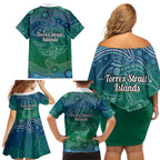 Torres Strait Islands Family Matching Off Shoulder Short Dress and Hawaiian Shirt Shark Indigenous Australian Tribal Dot Art