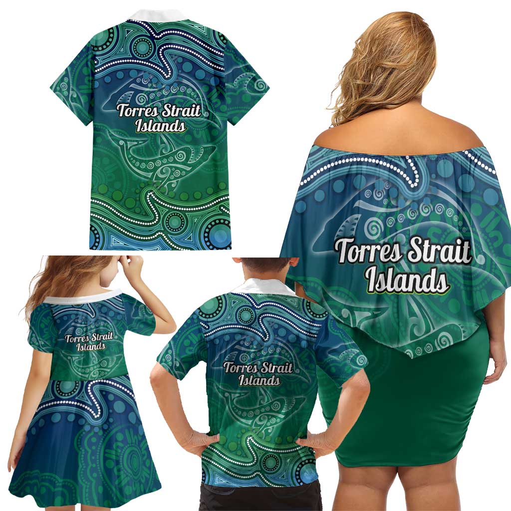 Torres Strait Islands Family Matching Off Shoulder Short Dress and Hawaiian Shirt Shark Indigenous Australian Tribal Dot Art