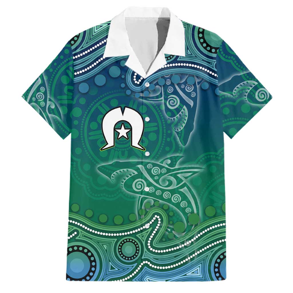 Torres Strait Islands Family Matching Off Shoulder Short Dress and Hawaiian Shirt Shark Indigenous Australian Tribal Dot Art