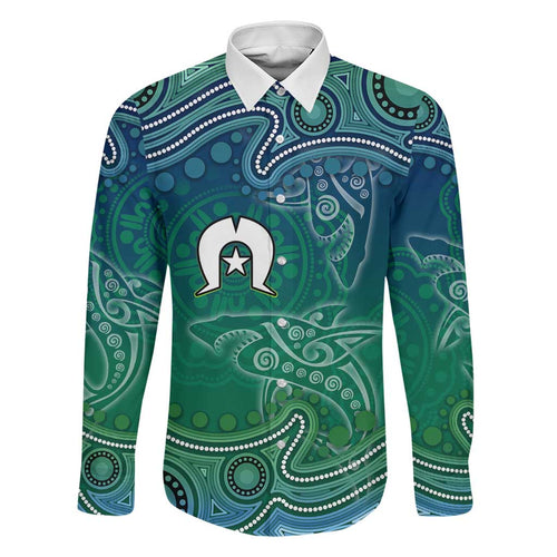 Torres Strait Islands Family Matching Off Shoulder Short Dress and Hawaiian Shirt Shark Indigenous Australian Tribal Dot Art
