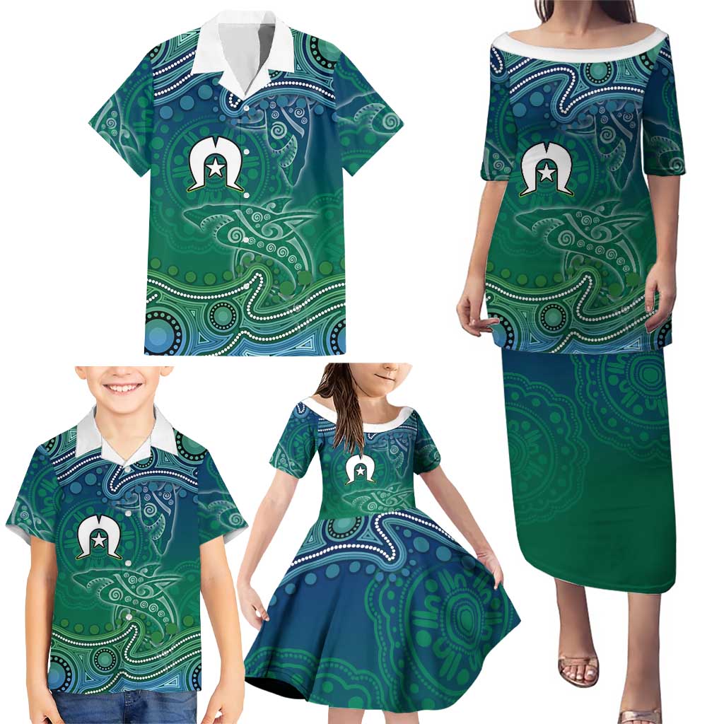 Torres Strait Islands Family Matching Puletasi and Hawaiian Shirt Shark Indigenous Australian Tribal Dot Art