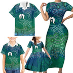 Torres Strait Islands Family Matching Short Sleeve Bodycon Dress and Hawaiian Shirt Shark Indigenous Australian Tribal Dot Art