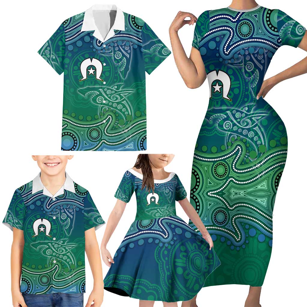 Torres Strait Islands Family Matching Short Sleeve Bodycon Dress and Hawaiian Shirt Shark Indigenous Australian Tribal Dot Art