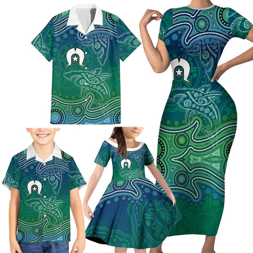 Torres Strait Islands Family Matching Short Sleeve Bodycon Dress and Hawaiian Shirt Shark Indigenous Australian Tribal Dot Art