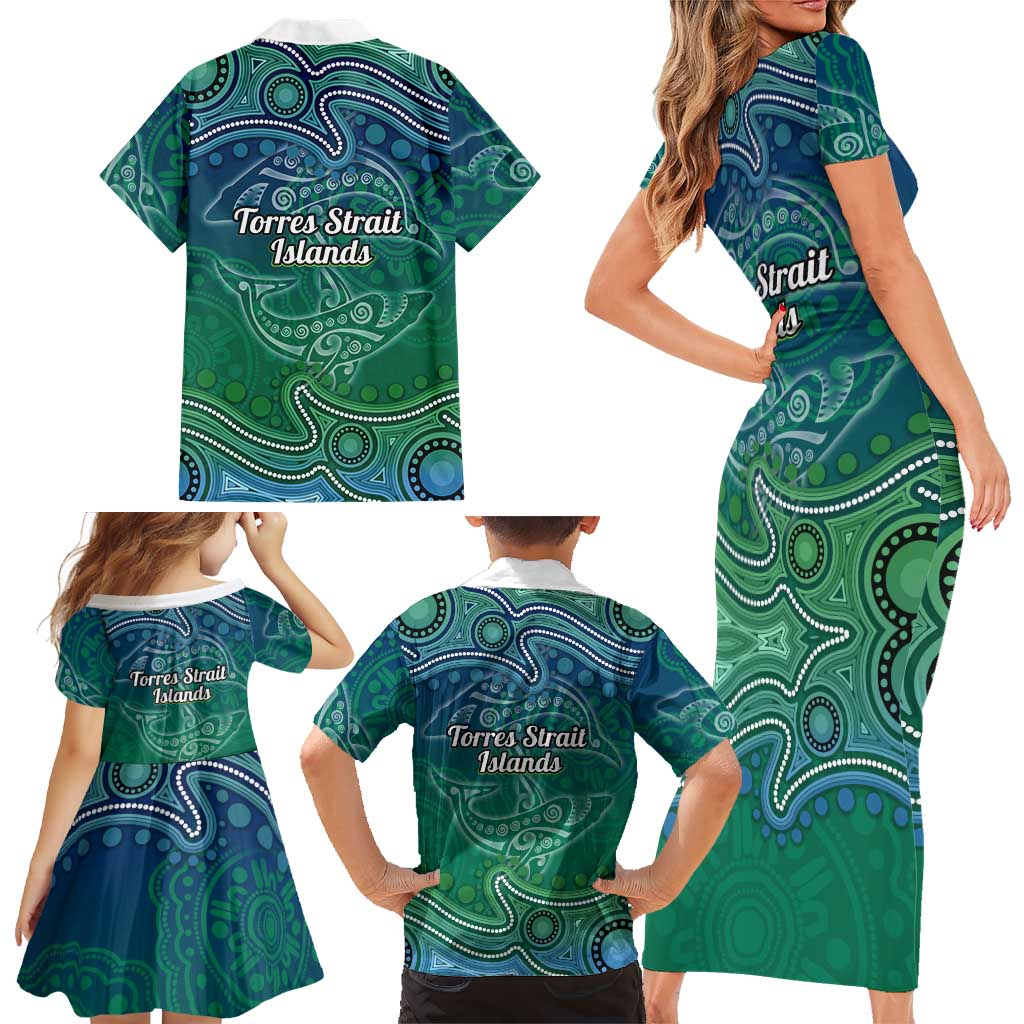 Torres Strait Islands Family Matching Short Sleeve Bodycon Dress and Hawaiian Shirt Shark Indigenous Australian Tribal Dot Art