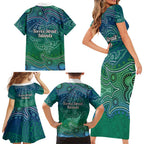 Torres Strait Islands Family Matching Short Sleeve Bodycon Dress and Hawaiian Shirt Shark Indigenous Australian Tribal Dot Art