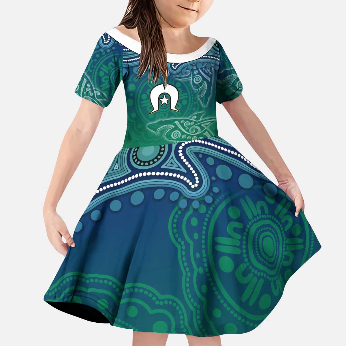 Torres Strait Islands Kid Short Sleeve Dress Shark Indigenous Australian Tribal Dot Art